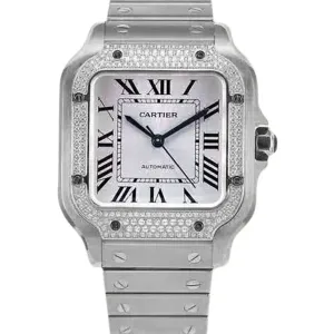 Santos de Cartier White Dial with Diamond Bezel in Steel